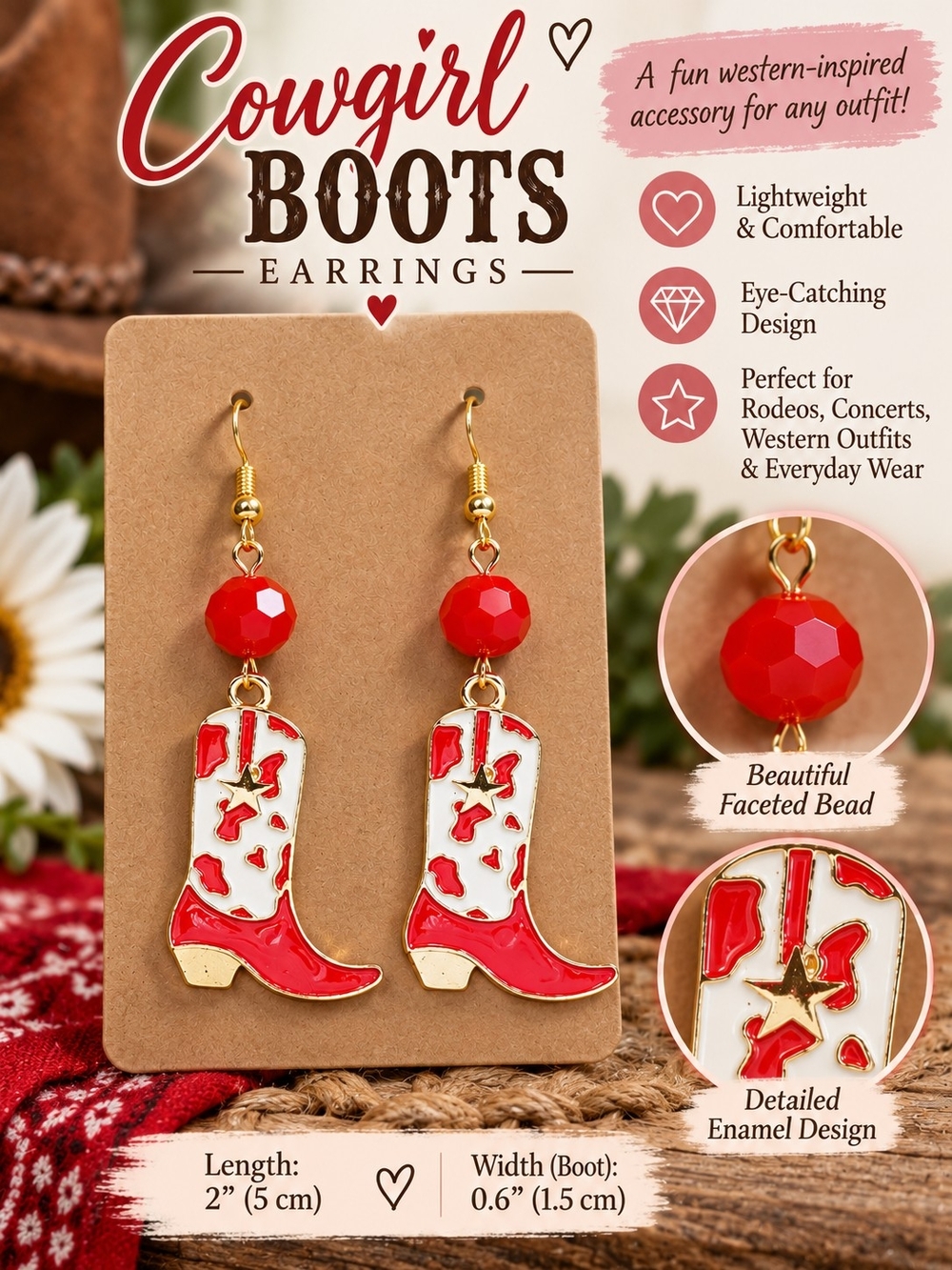 A87. Red & Gold Cowgirl Boot Earrings